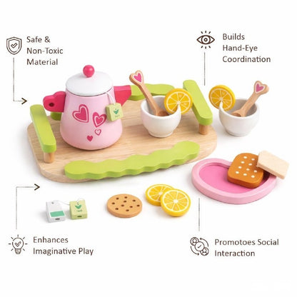 Nuivora Little Tea™ Wooden Tea Set for Kids 3+ | Montessori Pretend Play Kitchen Toy | Tea Party Set with Serving Tray, Teapot, 2 Cups, 2 Spoons, Tea Bags, Lemon Slices & Biscuit Pieces | Educational Wooden Toy