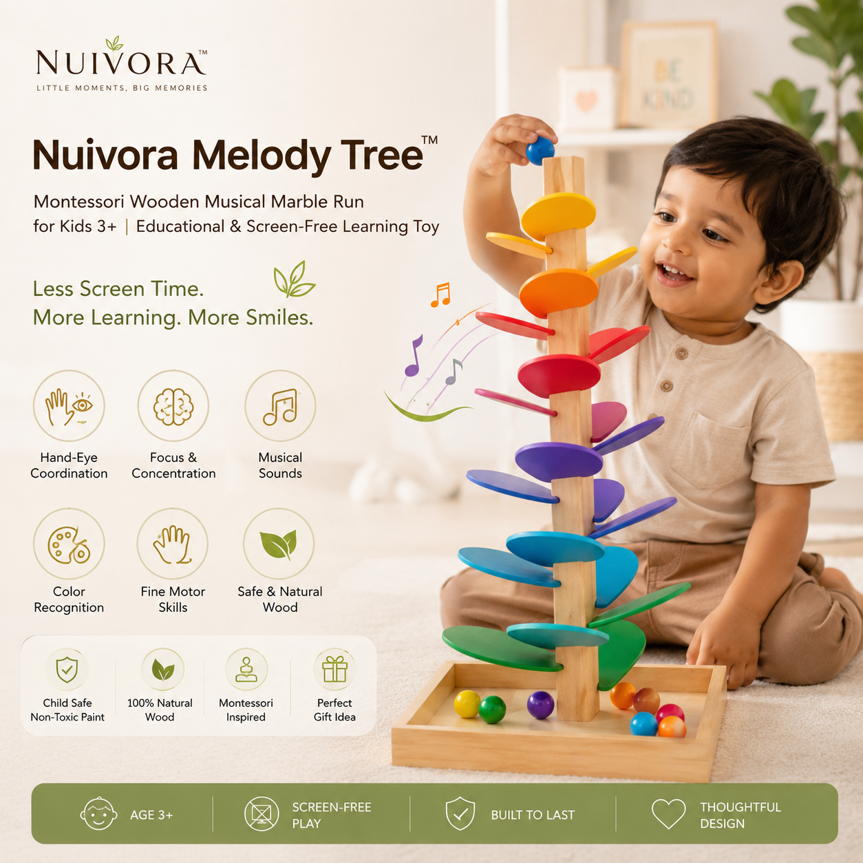 Nuivora Melody Tree™ | Montessori Wooden Musical Marble Run for Kids 3+ | Educational & Screen-Free Learning Toy