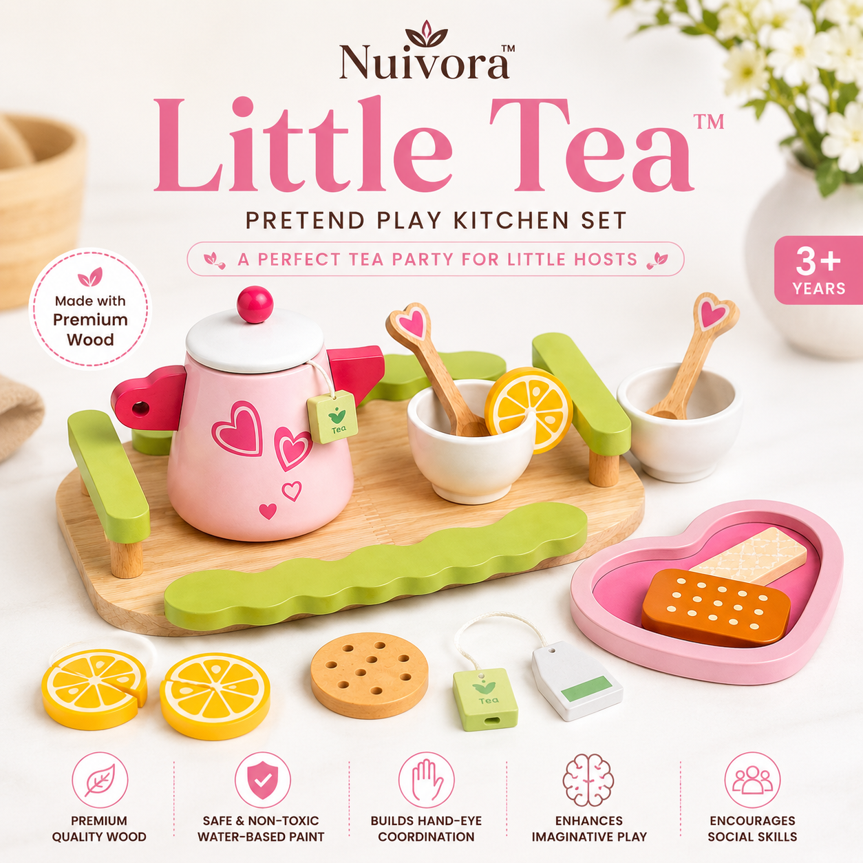 Nuivora Little Tea™ Wooden Tea Set for Kids 3+ | Montessori Pretend Play Kitchen Toy | Tea Party Set with Serving Tray, Teapot, 2 Cups, 2 Spoons, Tea Bags, Lemon Slices & Biscuit Pieces | Educational Wooden Toy