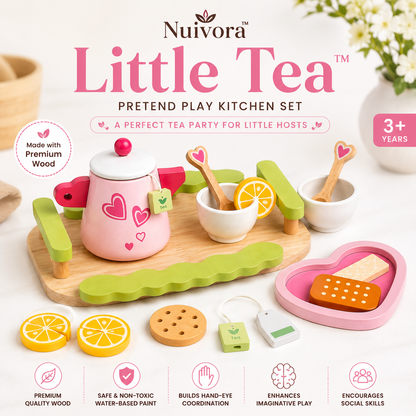 Nuivora Little Tea™ Wooden Tea Set for Kids 3+ | Montessori Pretend Play Kitchen Toy | Tea Party Set with Serving Tray, Teapot, 2 Cups, 2 Spoons, Tea Bags, Lemon Slices & Biscuit Pieces | Educational Wooden Toy
