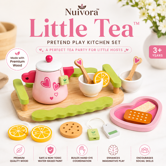 Nuivora Little Tea™ Wooden Tea Set for Kids 3+ | Montessori Pretend Play Kitchen Toy | Tea Party Set with Serving Tray, Teapot, 2 Cups, 2 Spoons, Tea Bags, Lemon Slices & Biscuit Pieces | Educational Wooden Toy