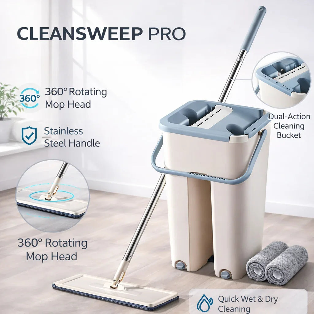CLEANSWEEP PRO mop set with features highlighted on a light wooden floor.