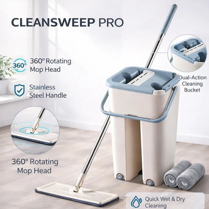 CLEANSWEEP PRO mop set with features highlighted on a light wooden floor.