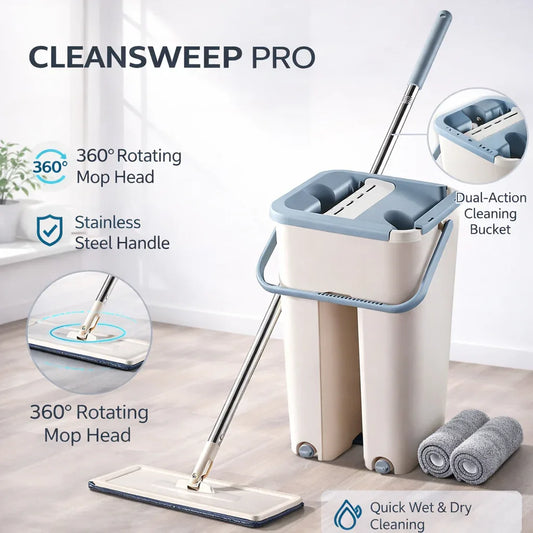 CLEANSWEEP PRO mop set with features highlighted on a light wooden floor.