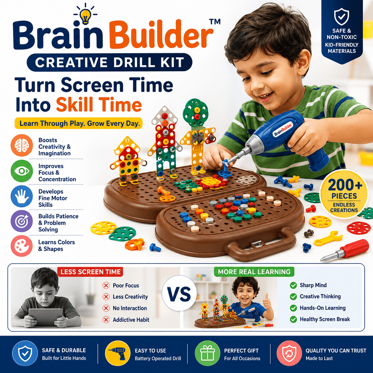 “BrainBuilder™ Creative Drill Kit”- 203 Pcs Educational Kit Construction Toy for Kids