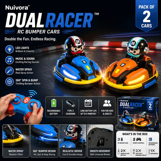 Nuivora DualRacer™ RC Bumper Cars - Lights, Music & Spray Effects – Interactive Battle Fun for All Ages