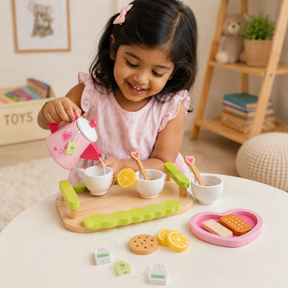 Nuivora Little Tea™ Wooden Tea Set for Kids 3+ | Montessori Pretend Play Kitchen Toy | Tea Party Set with Serving Tray, Teapot, 2 Cups, 2 Spoons, Tea Bags, Lemon Slices & Biscuit Pieces | Educational Wooden Toy