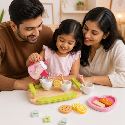 Nuivora Little Tea™ Wooden Tea Set for Kids 3+ | Montessori Pretend Play Kitchen Toy | Tea Party Set with Serving Tray, Teapot, 2 Cups, 2 Spoons, Tea Bags, Lemon Slices & Biscuit Pieces | Educational Wooden Toy