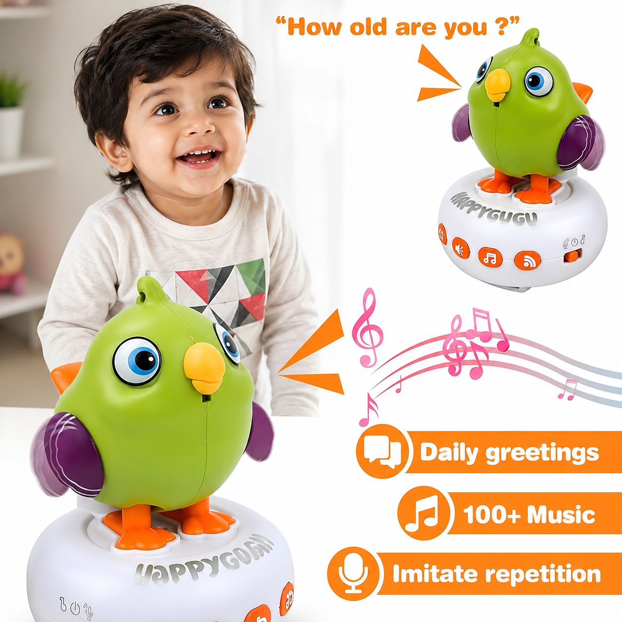 Nuivora HappyChirp™ | Interactive Talking & Singing Bird Toy | Rechargeable Educational Toy for Kids