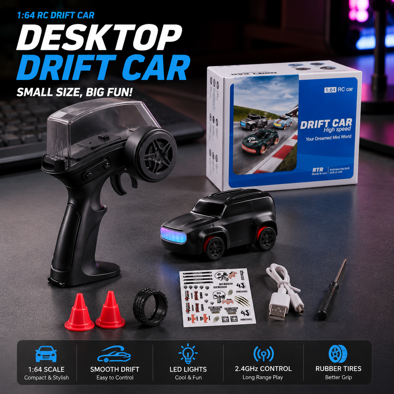 DeskDrift™ Pro – Mini RC Drift Car - Drift, Race & Dock 1:64