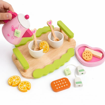 Nuivora Little Tea™ Wooden Tea Set for Kids 3+ | Montessori Pretend Play Kitchen Toy | Tea Party Set with Serving Tray, Teapot, 2 Cups, 2 Spoons, Tea Bags, Lemon Slices & Biscuit Pieces | Educational Wooden Toy